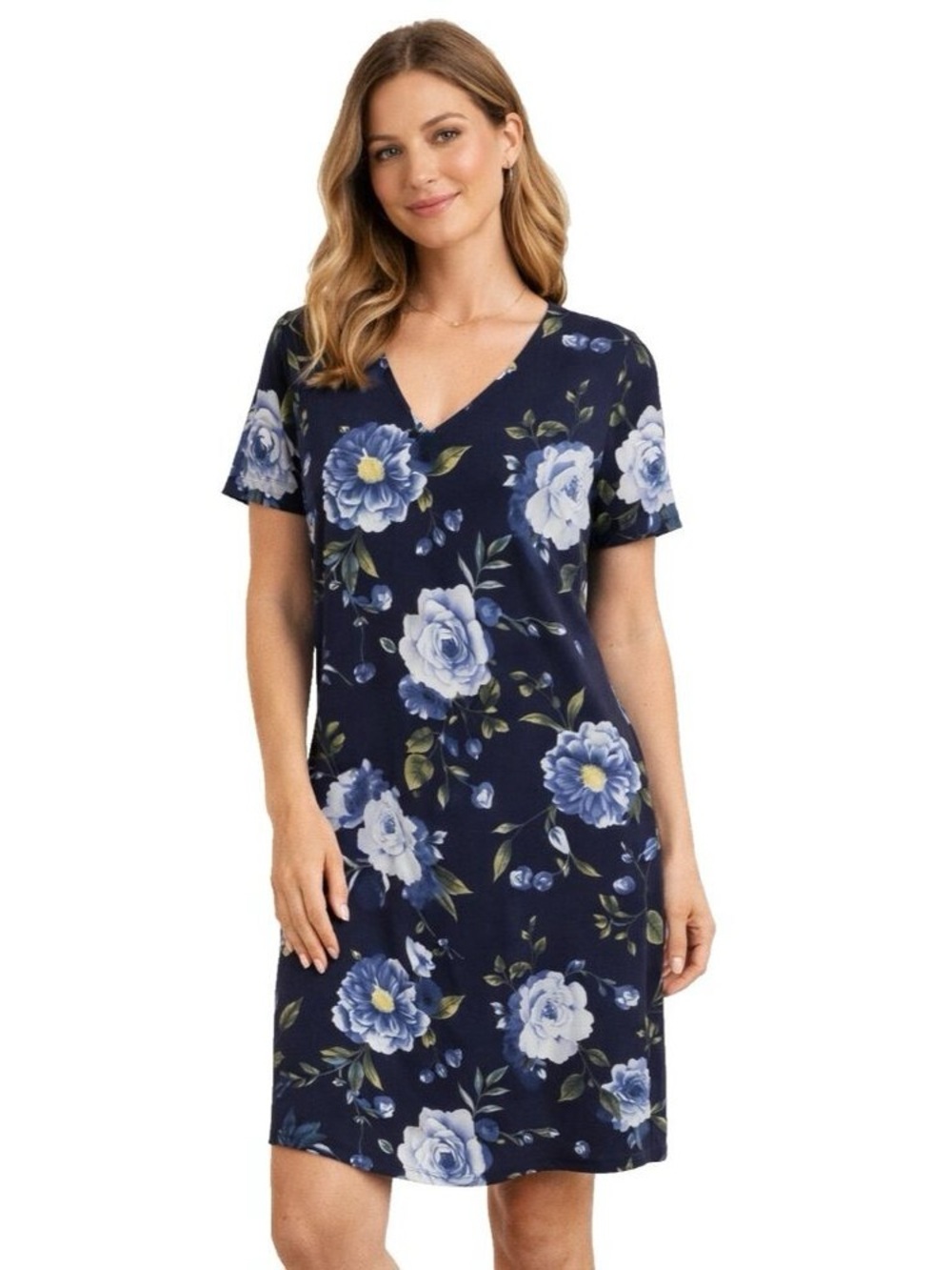 Christian Siriano Black Blue Floral Shift Dress Medium V-Neck Stretch Midi